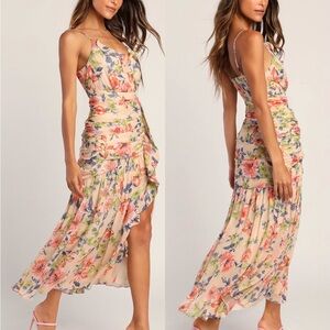 New! Lulus Stunning Soiree Blush Pink Floral Print Ruched Midi Dress
